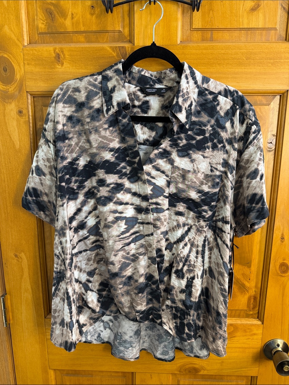 Simply Vera Vera Wang Women's Tie-Dye Short Sleeve Blouse - Black/Tan/Cream